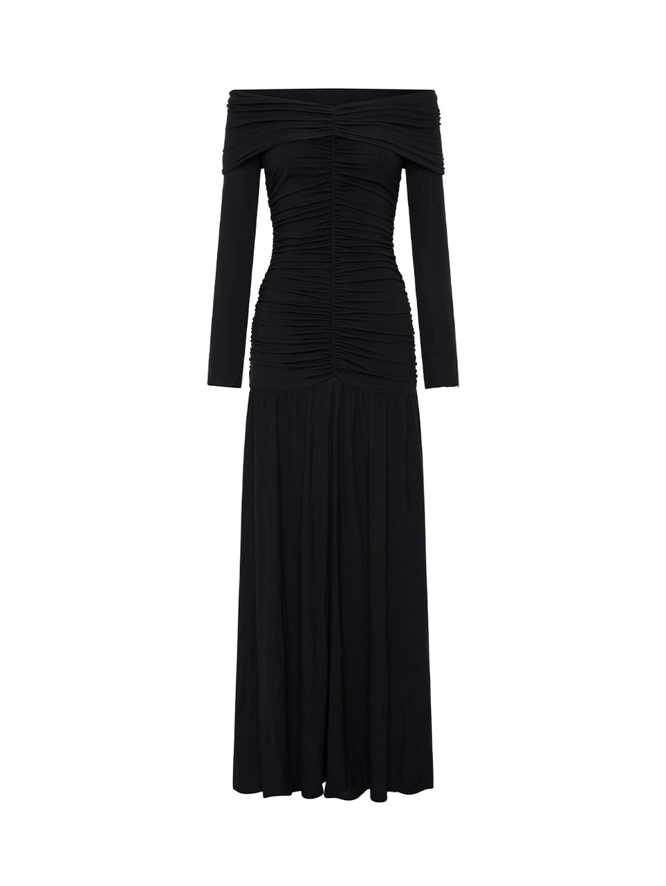 Black off-shoulder gown on a white background