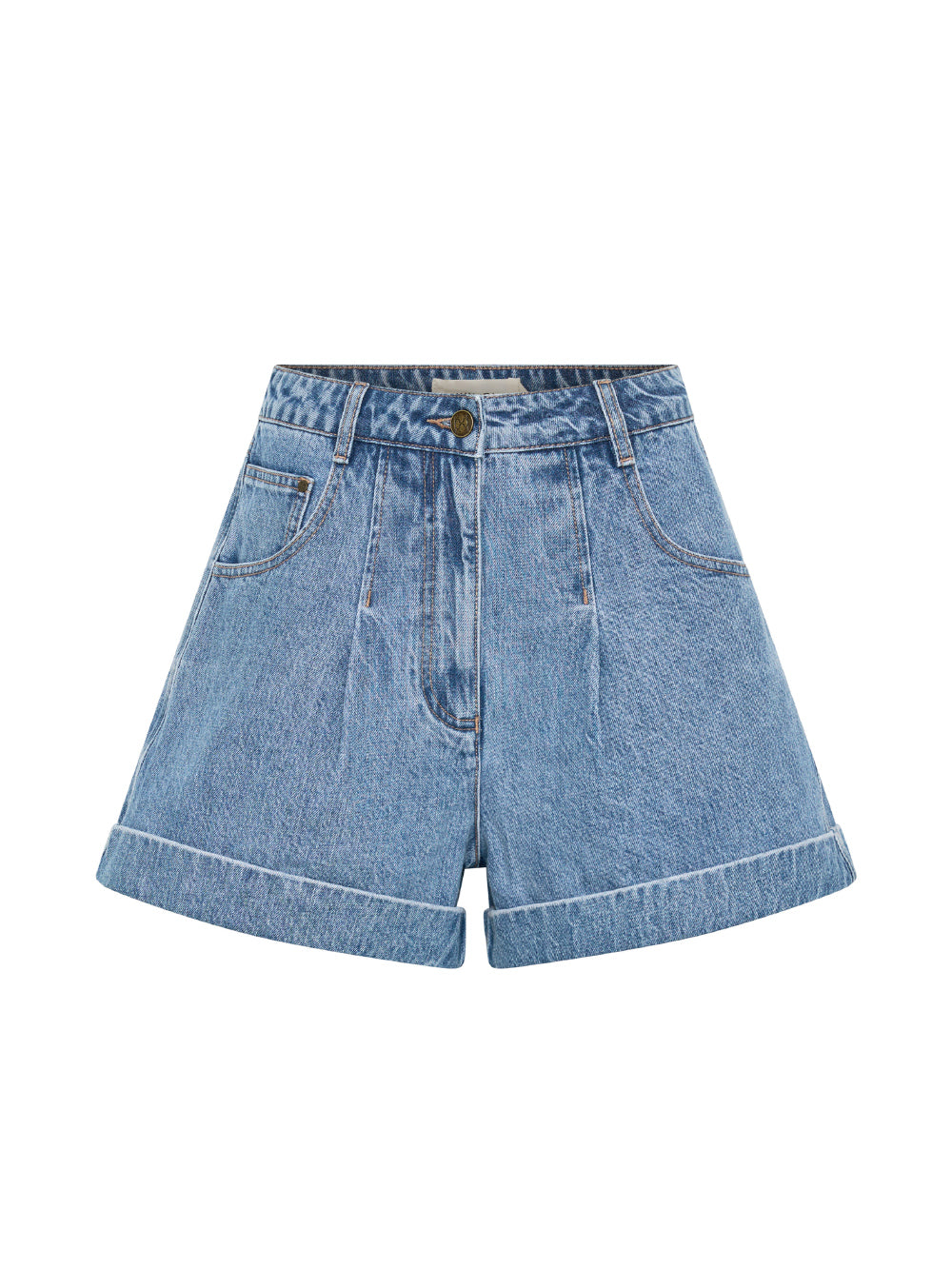 Blue denim shorts on a white background