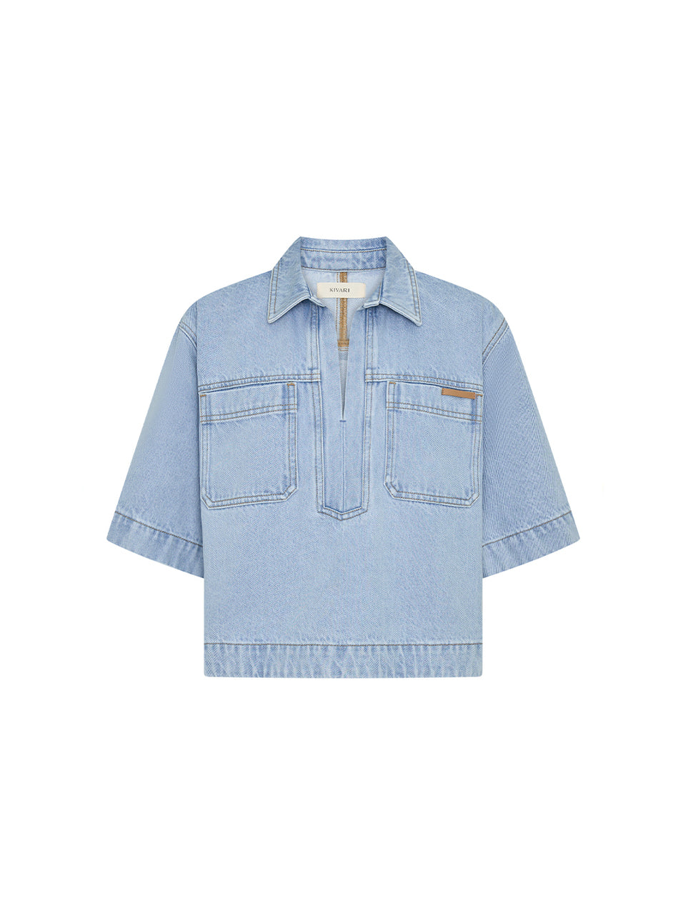 Light blue denim shirt on a white background