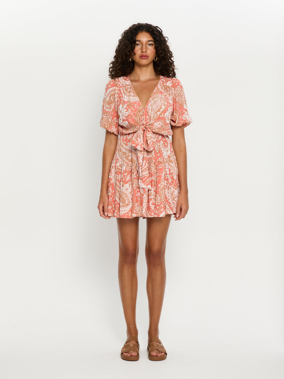 Casablanca Tie Front Mini Dress | Orange and tan paisley mini dress