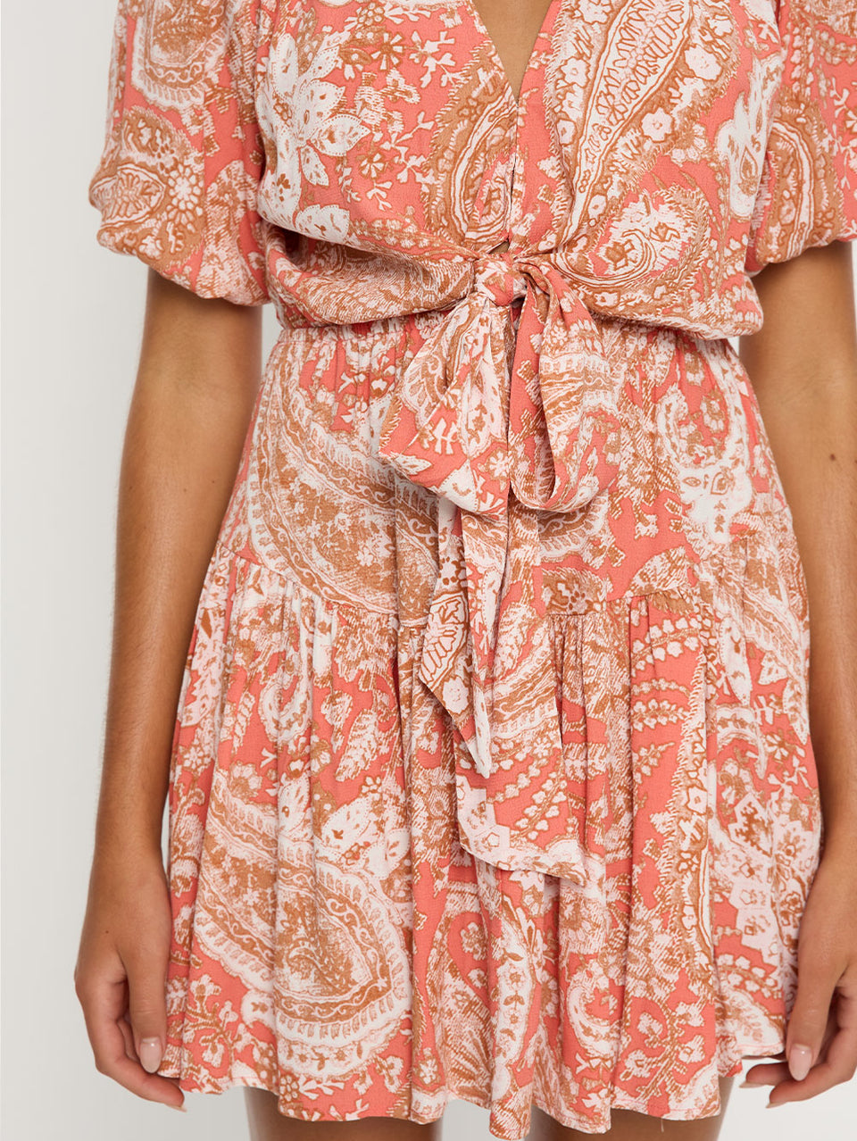 Casablanca Tie Front Mini Dress | Orange and tan paisley mini dress