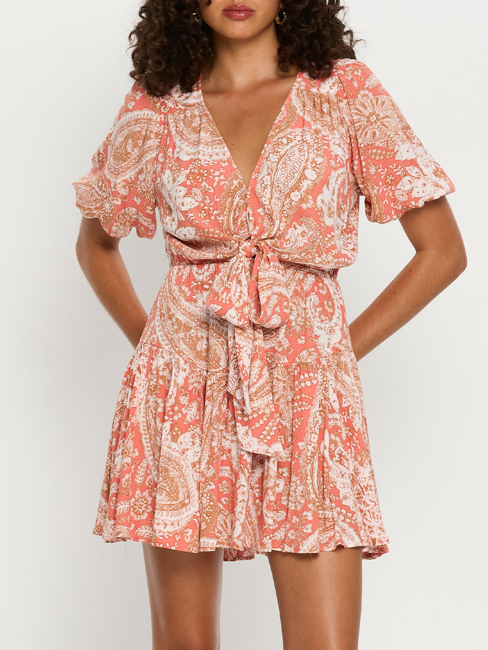 Casablanca Tie Front Mini Dress | Orange and tan paisley mini dress