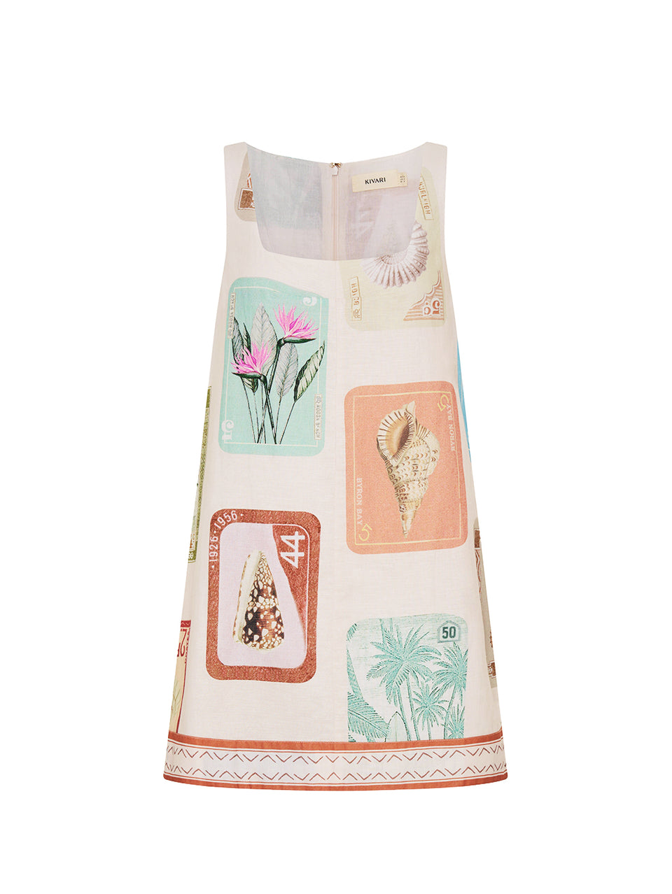 Dress with nature-themed print on a white background