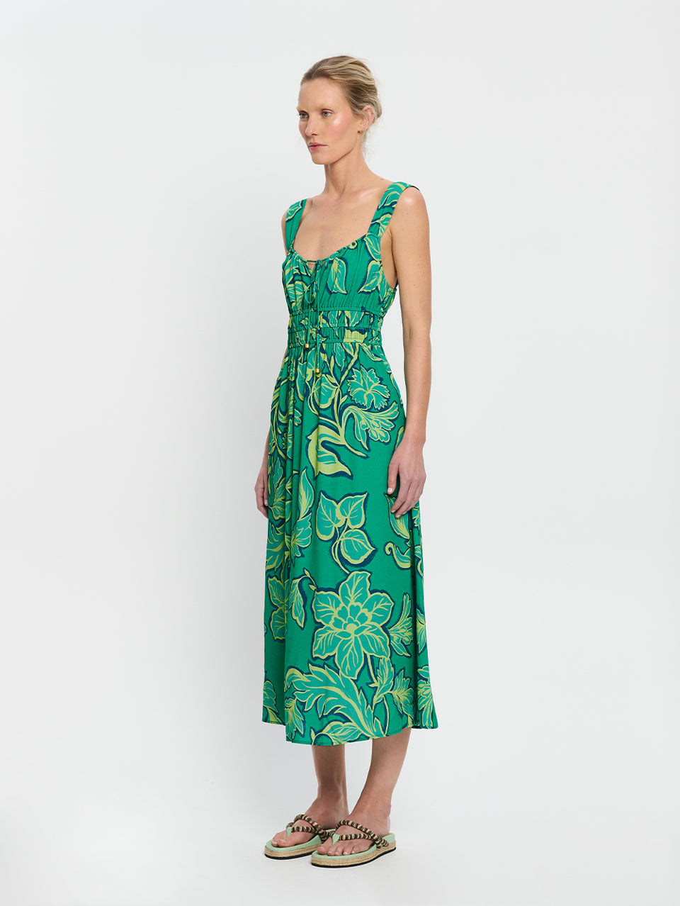 Fiora Midi Dress KIVARI | Model wears green floral midi dress side view