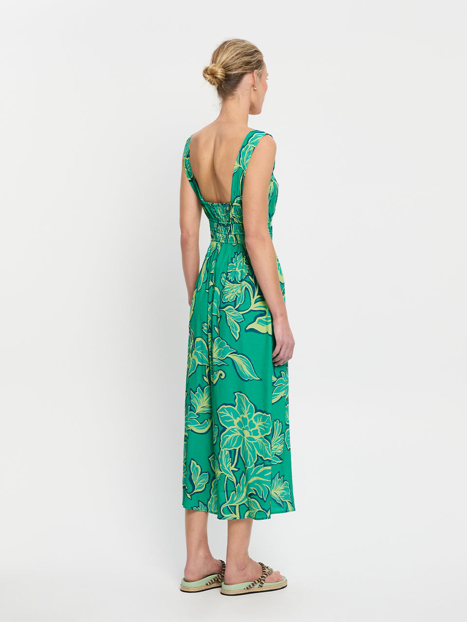 Fiora Midi Dress KIVARI | Model wears green floral midi dress back view
