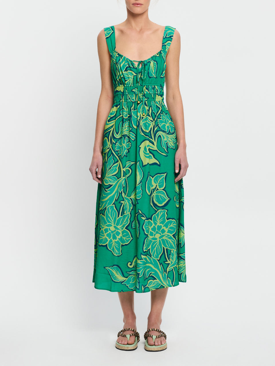 Fiora Midi Dress KIVARI | Model wears green floral midi dress