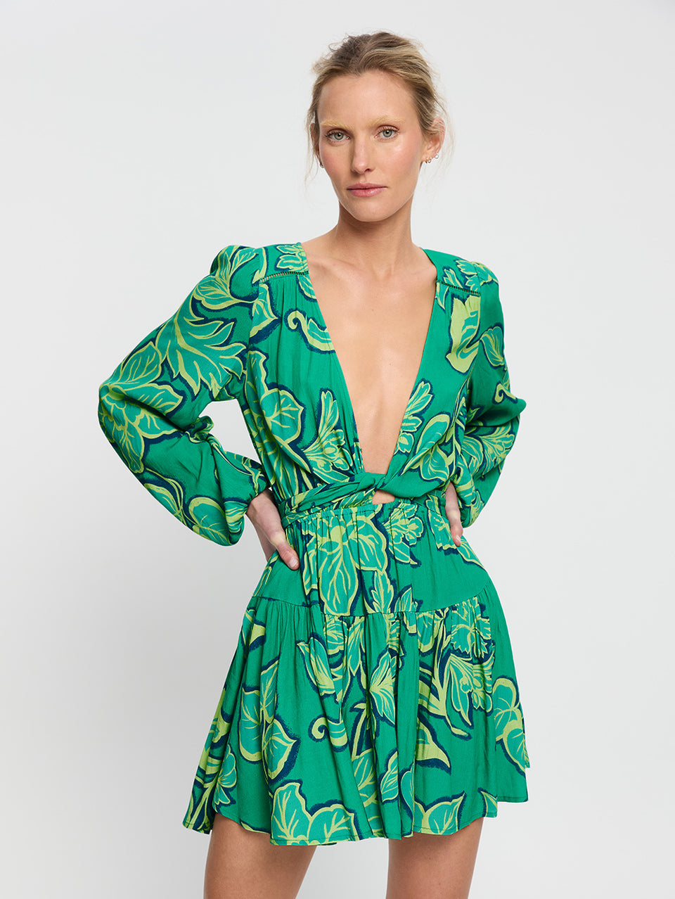 Fiora Tie Front Mini Dress KIVARI | Model wears green floral tie front mini dress