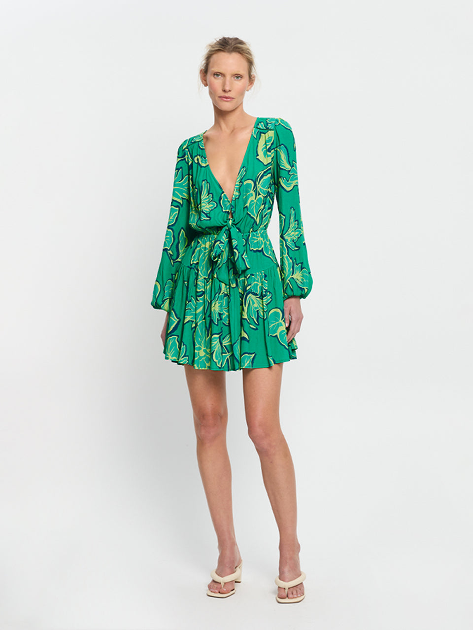 Fiora Tie Front Mini Dress KIVARI | Model wears green floral tie front mini dress