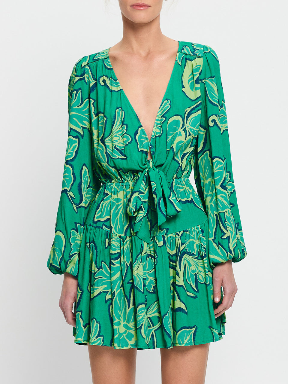 Fiora Tie Front Mini Dress KIVARI | Model wears green floral tie front mini dress