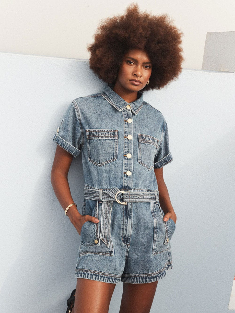 Georgie Denim Playsuit KIVARI | Model wears Denim playsuit CAMPAIGN