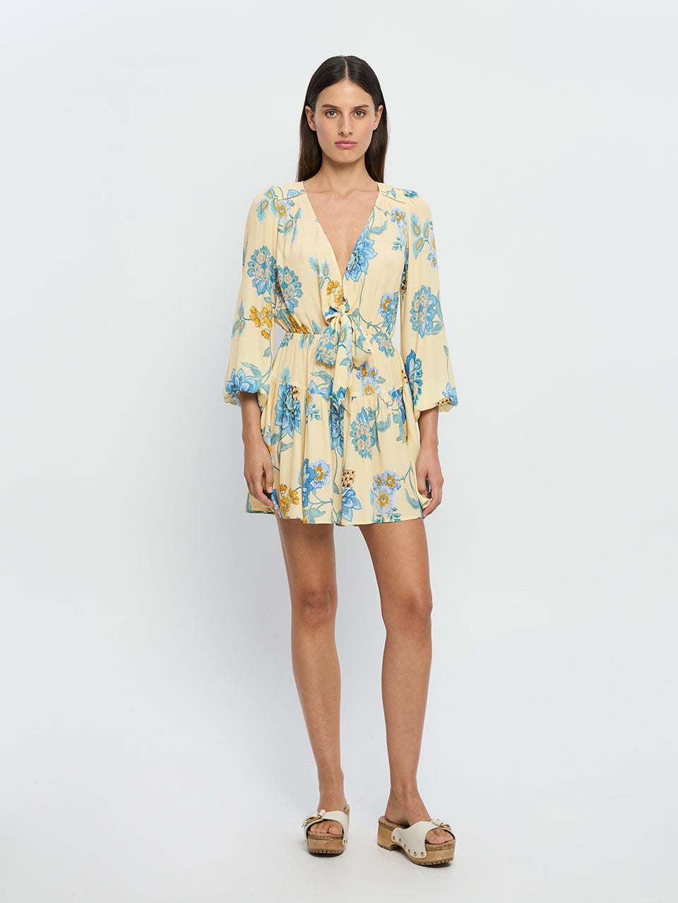 Giselle Tie Front Mini Dress KIVARI | Model wears blue and yellow tie front mini dress