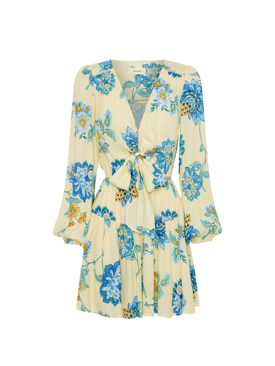 Giselle Tie Front Mini Dress KIVARI | Blue and yellow tie front mini dress