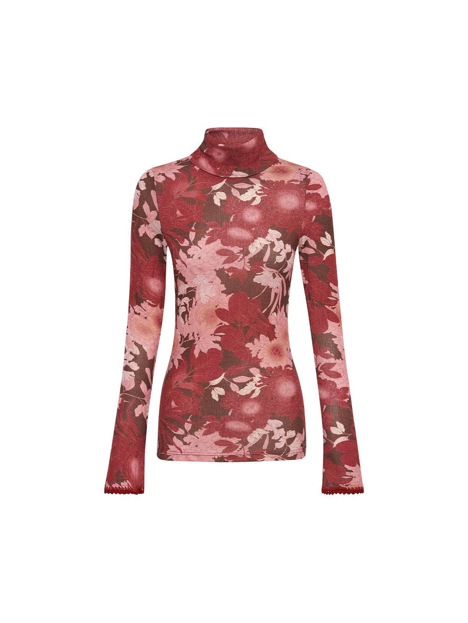 Ghost image of KIVARI Hacienda Skivvy: A red, pink and brown floral fitted turtleneck crafted from sustainable Lyocell and wool blend, featuring a flared sleeve with crochet cuff.