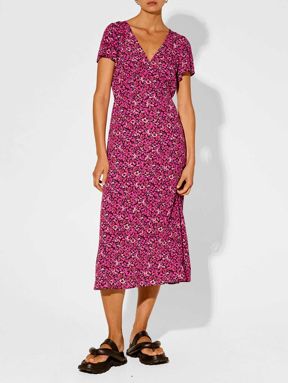 Imogen Midi Dress KIVARI | Model wears pink floral midi dress