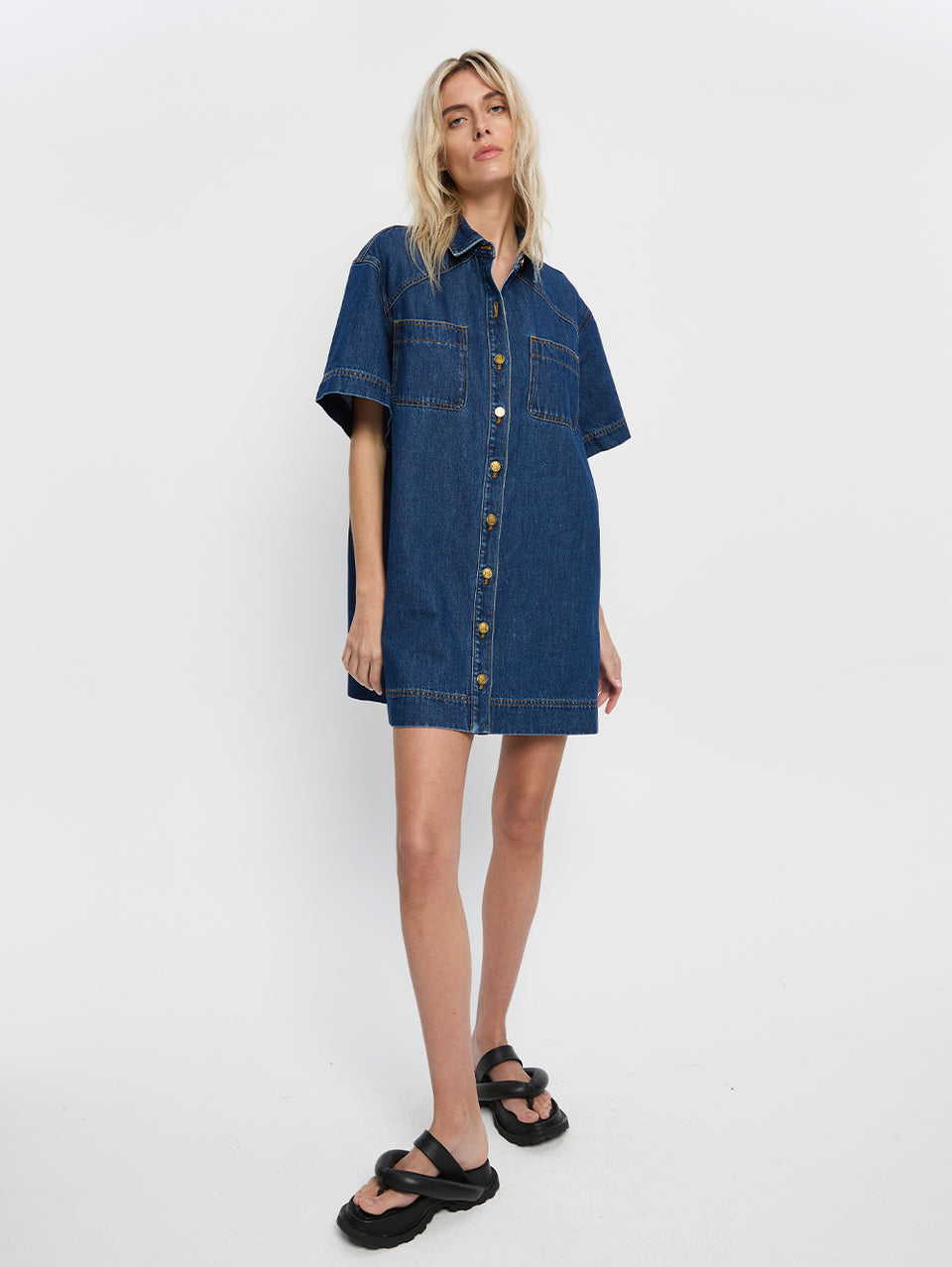 Jada Mini Dress KIVAIR | Model wears denim mini dress