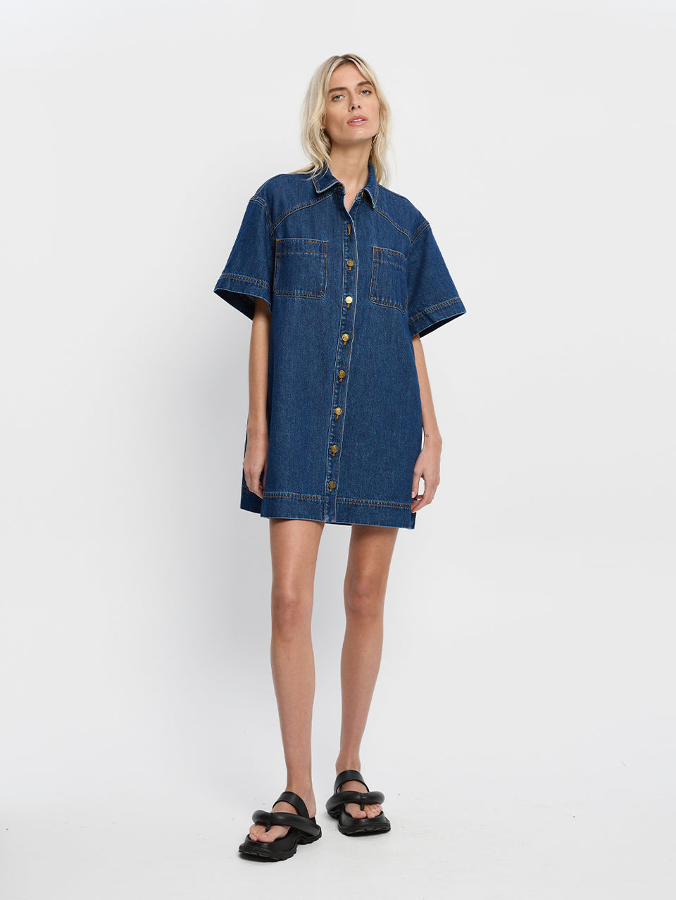Jada Mini Dress KIVAIR | Model wears denim mini dress