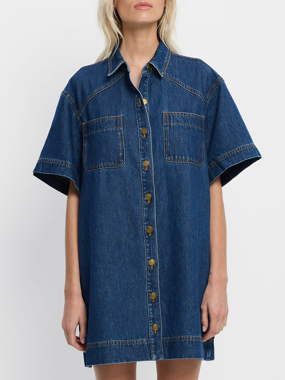 Jada Mini Dress KIVAIR | Model wears denim mini dress