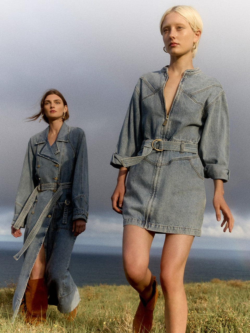 Jimmy Denim Mini Dress KIVARI | Model wears denim midi dress campaign