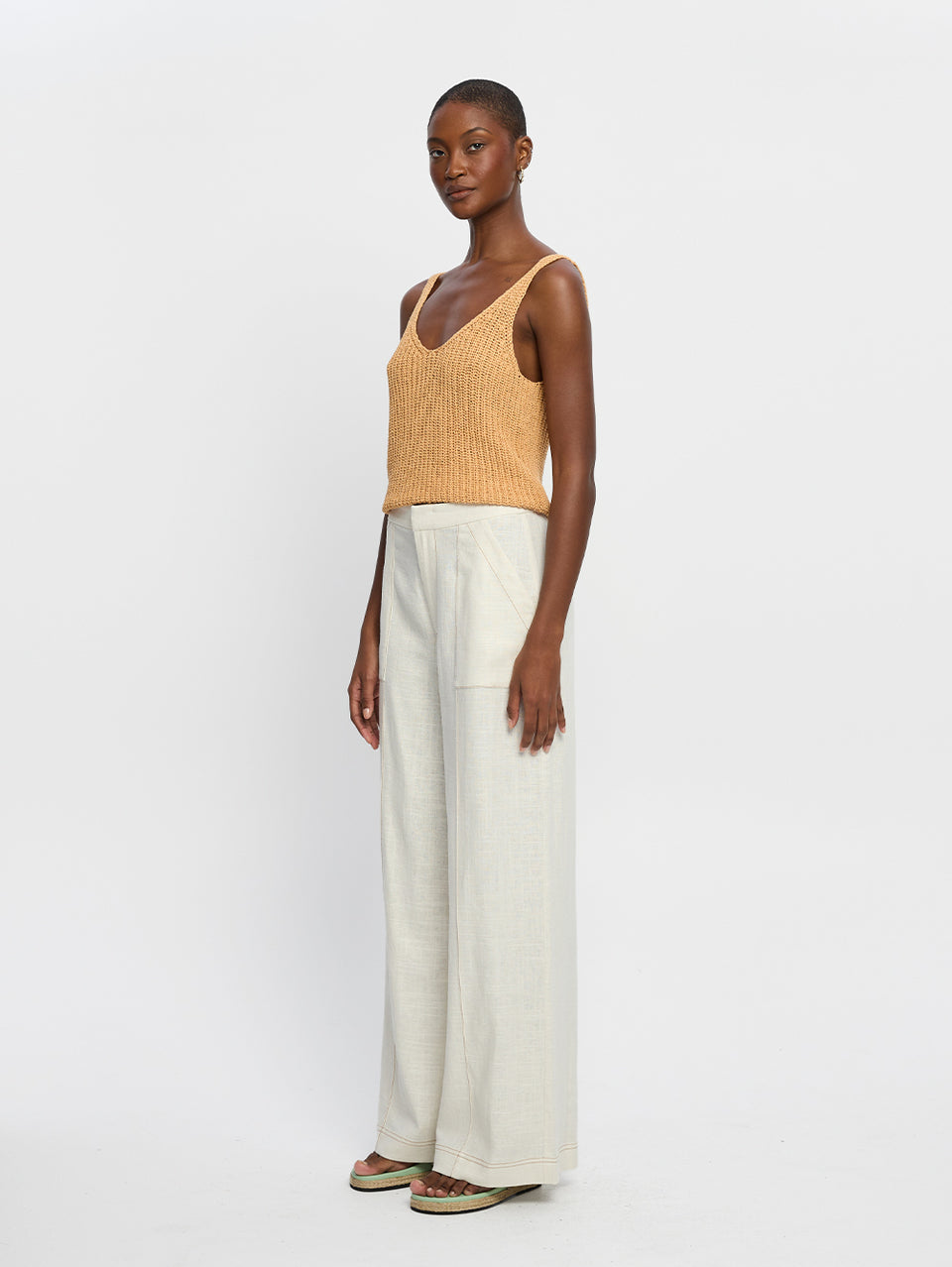 Lana Knit Cami Tan KIVARI | Model wears burnt orange knit cami top side view