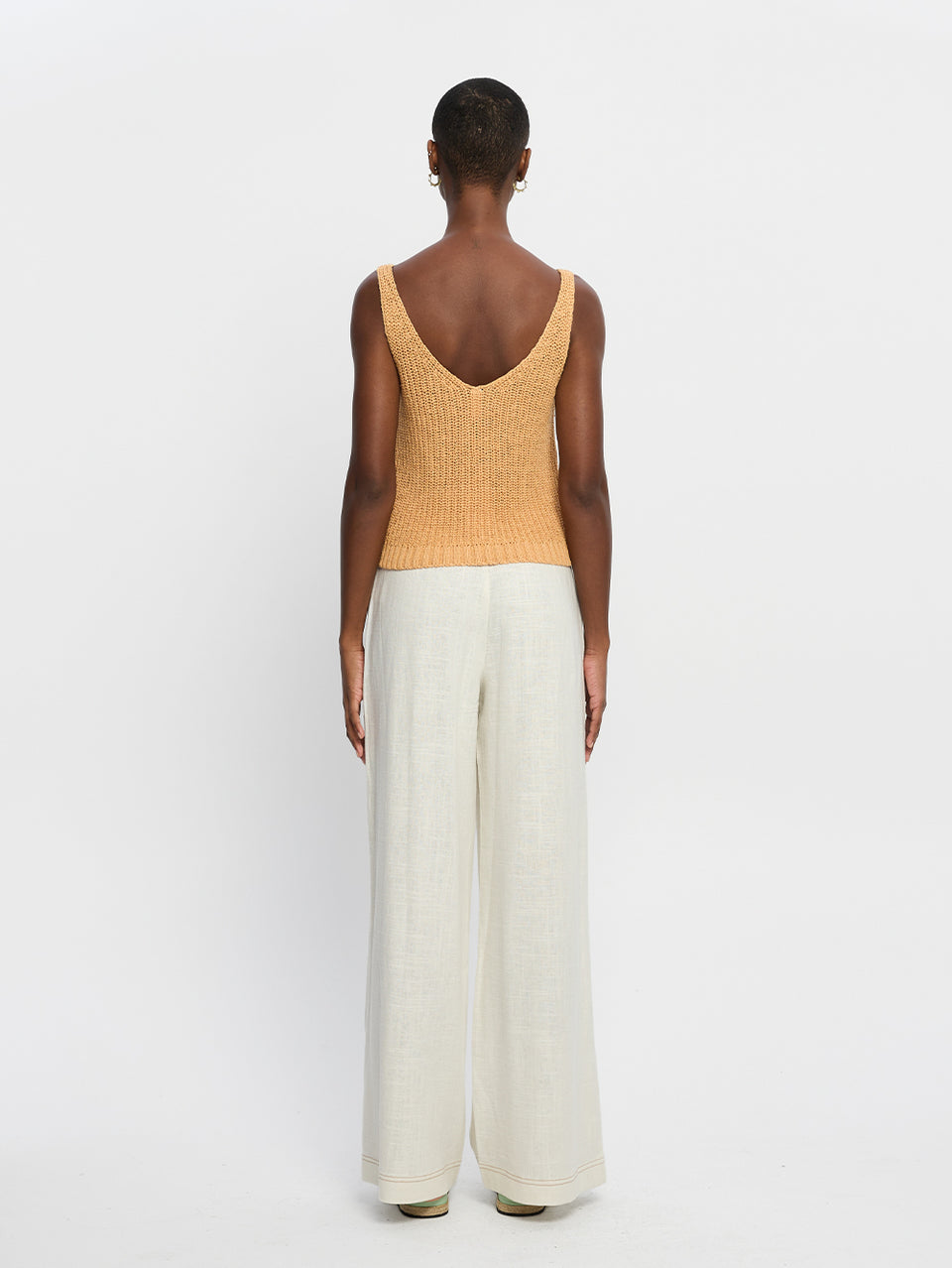 Lana Knit Cami Tan KIVARI | Model wears burnt orange knit cami top back view
