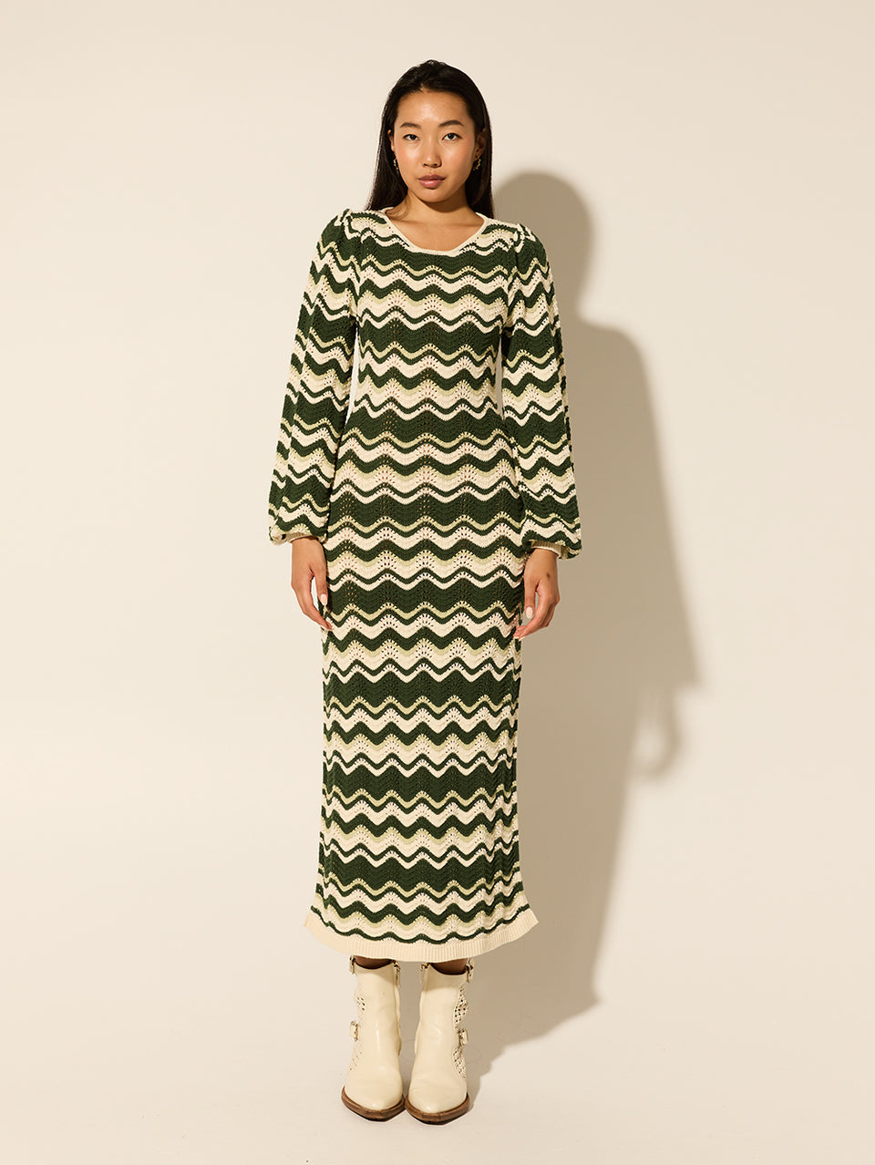 Marcella Knit Midi Dress KIVARI | Model wears green and cream midi dress