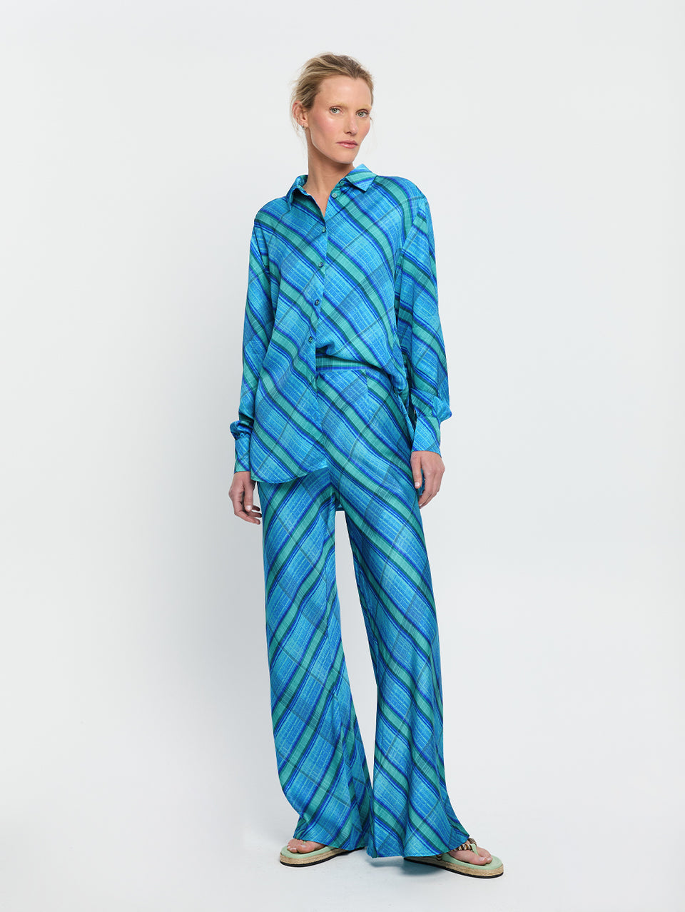 Oceana Bias Pant KIVARI | Model wears blue check print bias cut pant