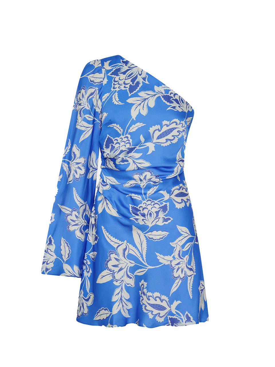 Blue dress with white floral pattern on a white background