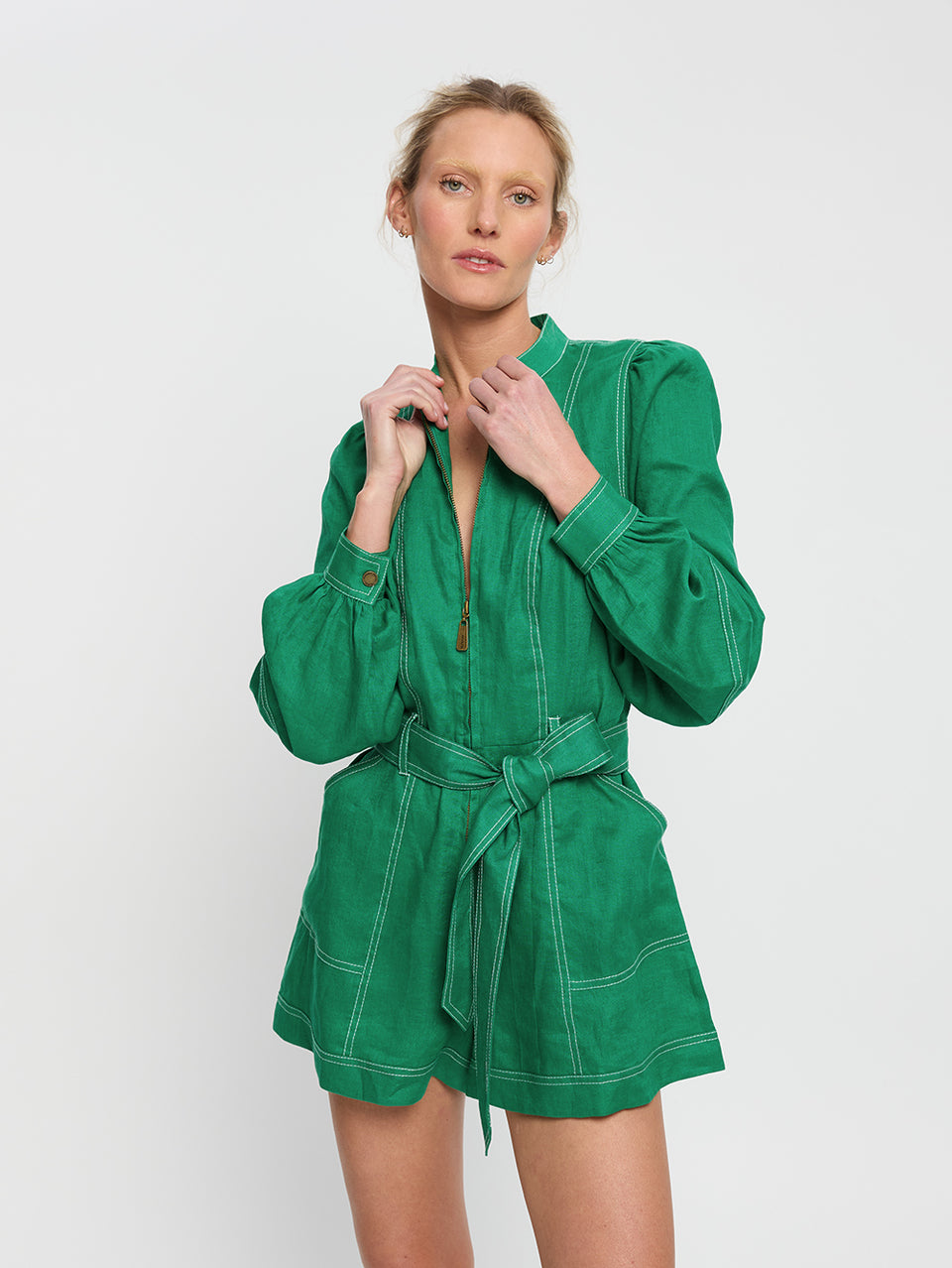 Ada Playsuit Green KIVARI | Model wears green linen playsuit