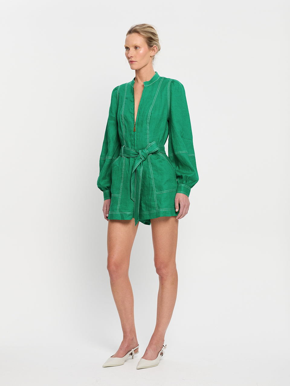 Ada Playsuit Green KIVARI | Model wears green linen playsuit side view