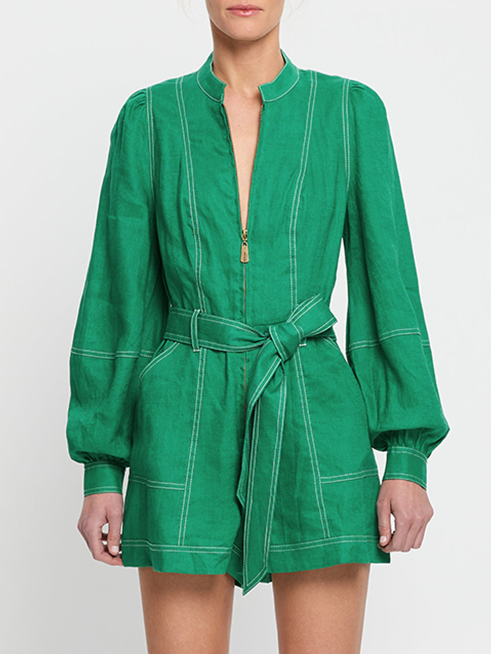 Ada Playsuit Green KIVARI | Model wears green linen playsuit