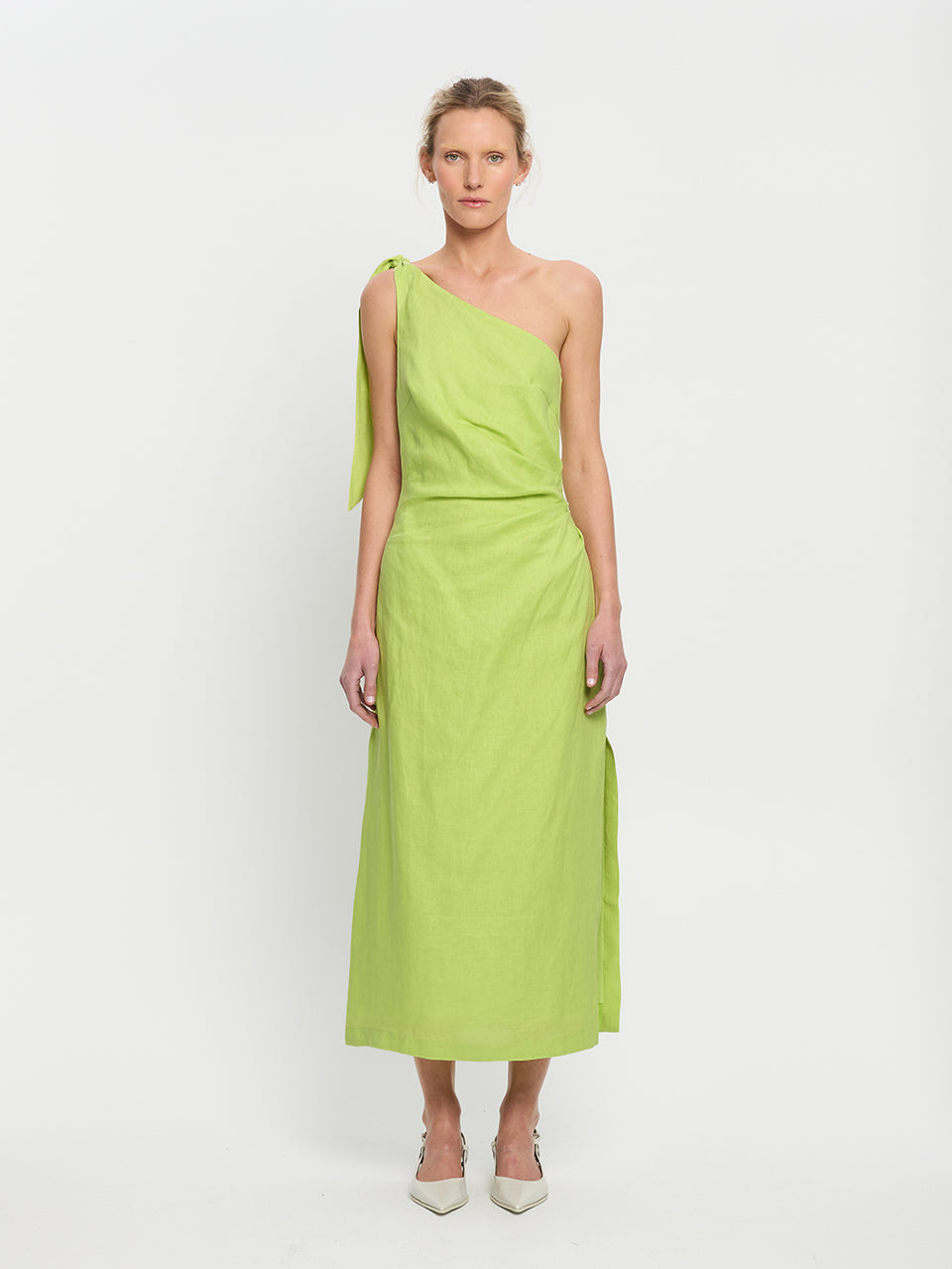 Addison Midi Dress KIVARI | Model wears green one shoulder linen midi dress