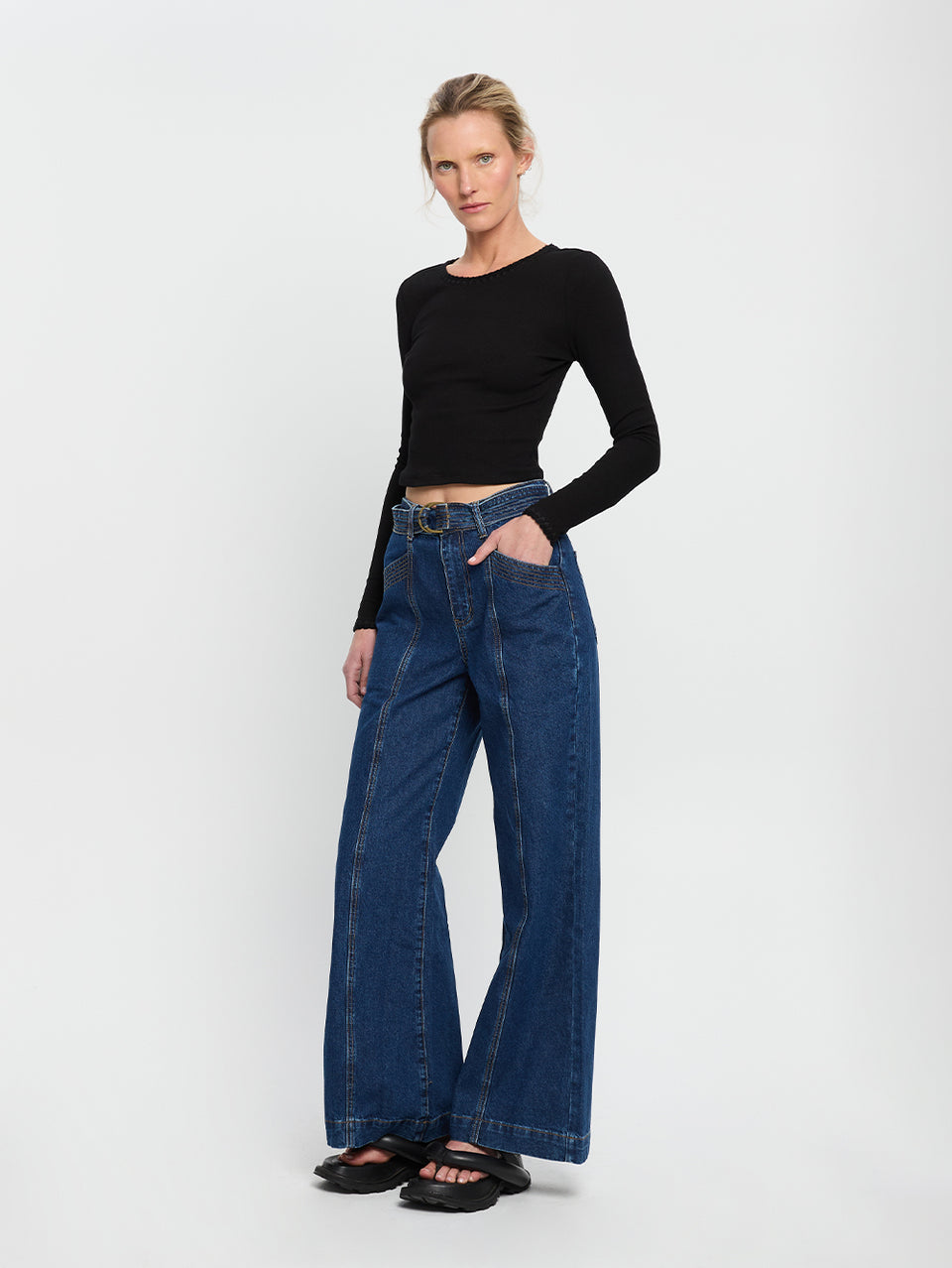 Adele Denim Jean KIVARI | Model wears navy denim jean side view