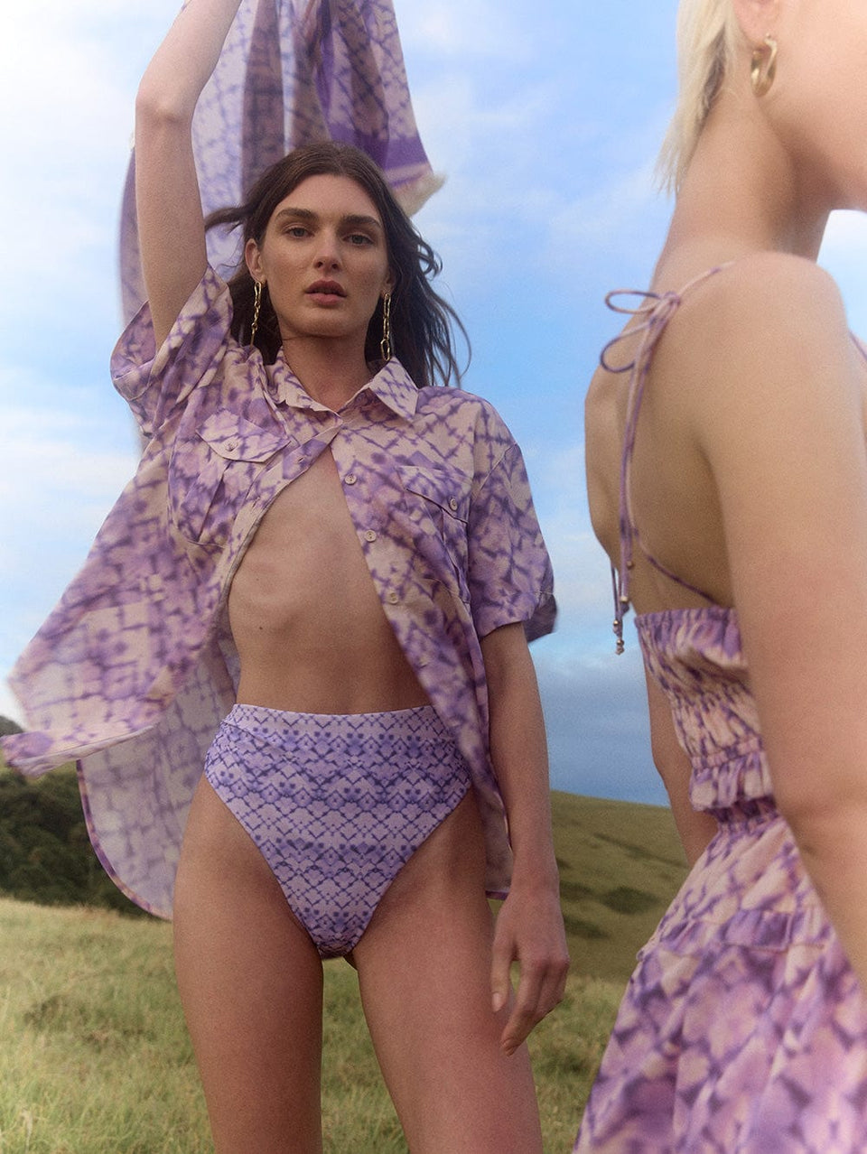 Alice High Waist Bikini Bottoms KIVARI | Model wears purple tie dye bikini bottoms campaign