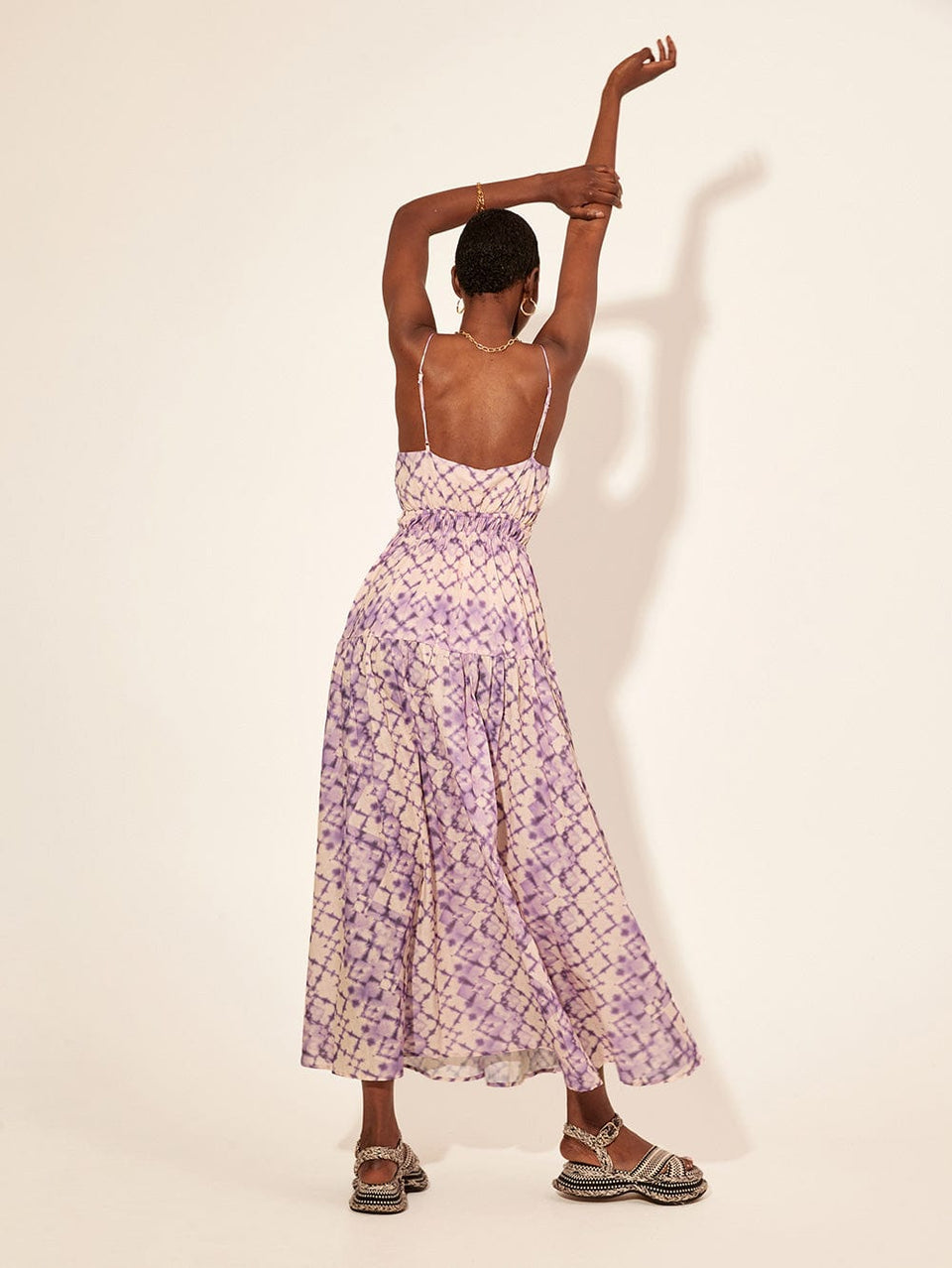 Alice Maxi Dress KIVARI | Model wears purple tie dye maxi dress back view
