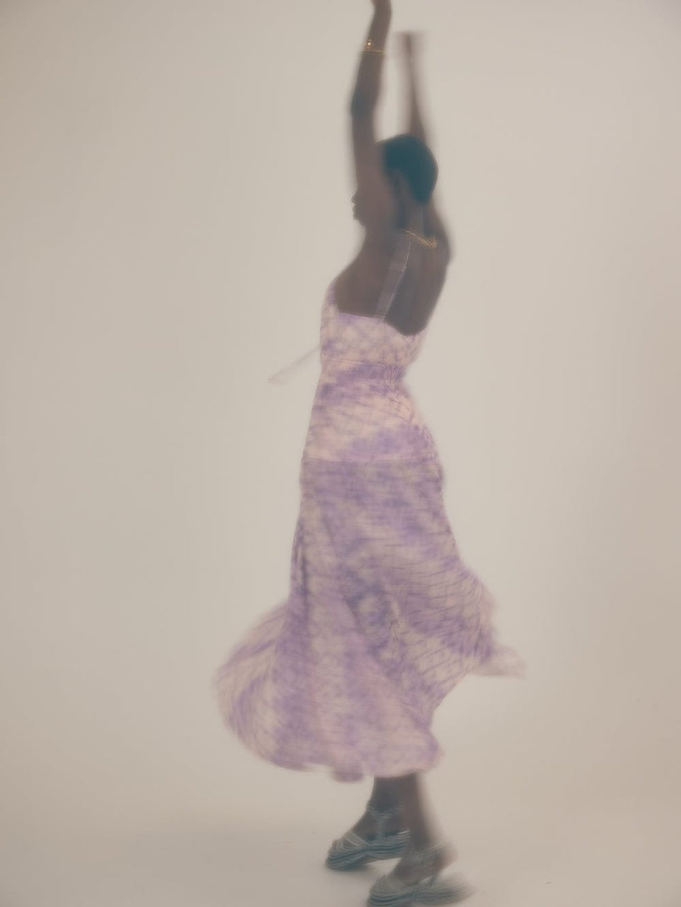 Alice Maxi Dress KIVARI | Model wears purple tie dye maxi dress campaign