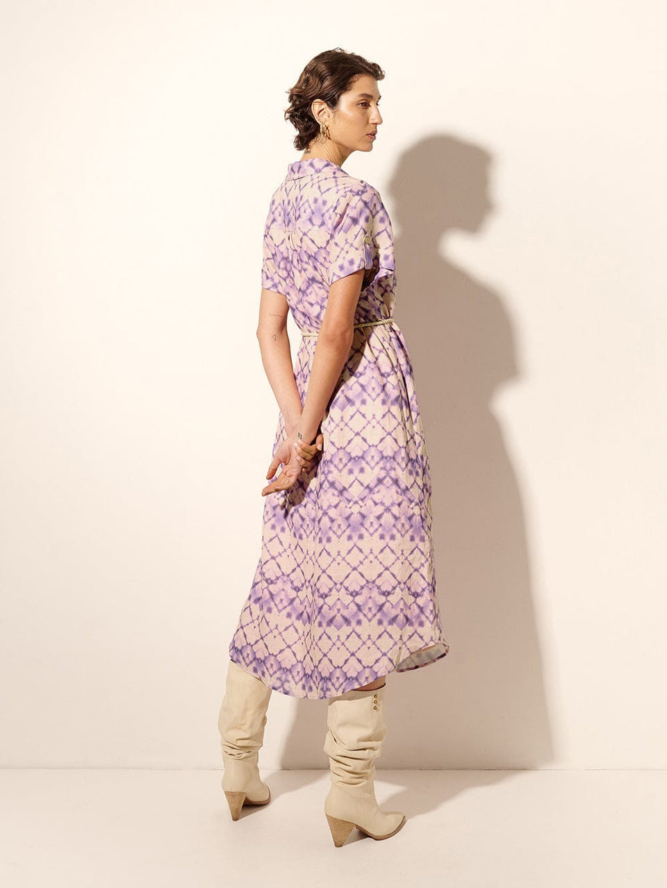 Alice Midi Dress KIVARI | Model wears purple tie dye midi dress back view