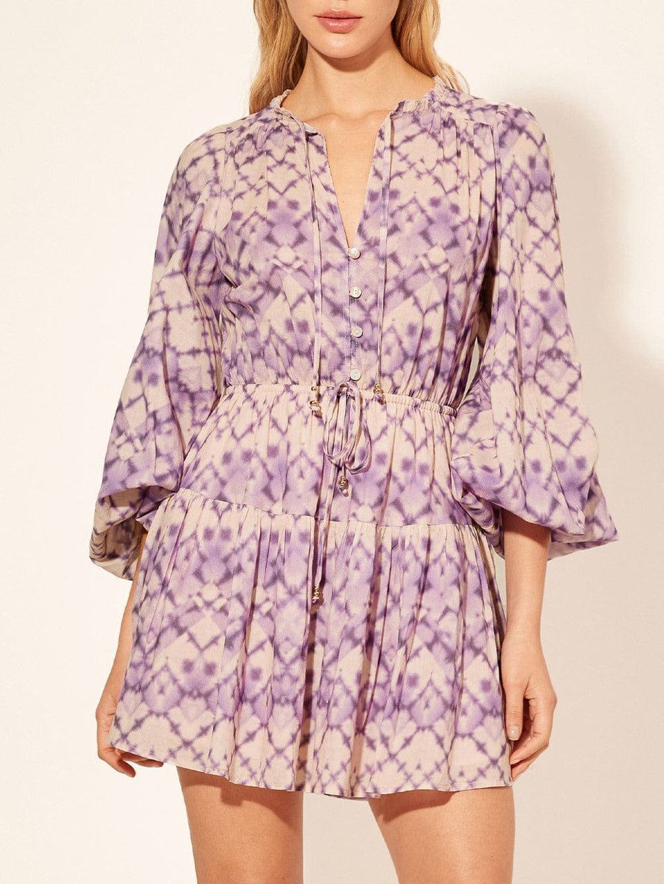Alice Mini Dress KIVARI | Model wears purple tie dye mini dress close up