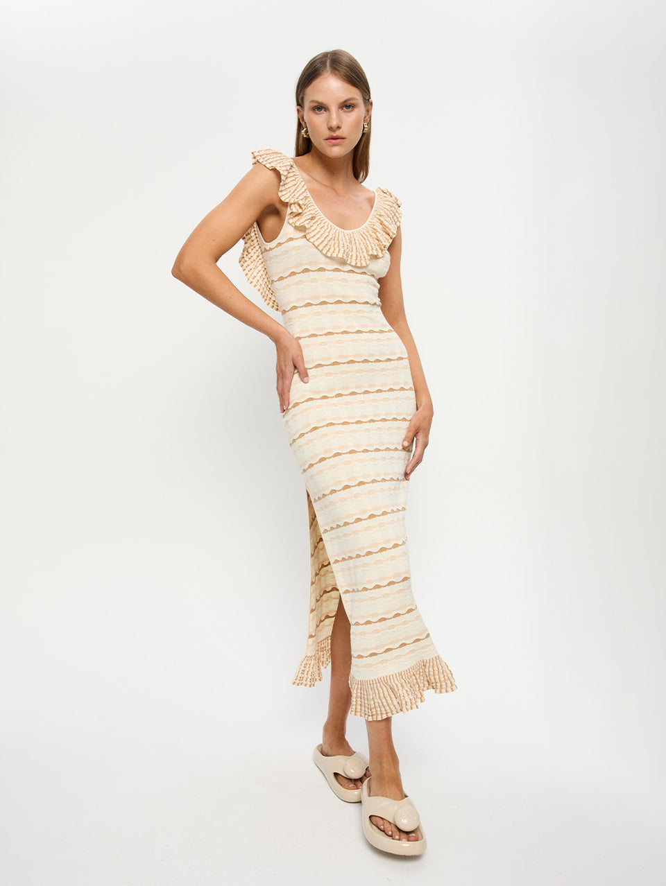 Alora Maxi Dress - Cream Stripe | Beige Stripe Dress | KIVARI KIVARI International Alora Maxi Dress - Cream Stripe | Beige Stripe Dress | KIVARI KIVARI International