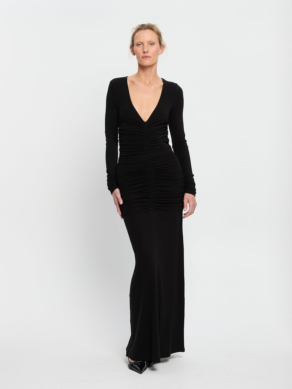 Amal Maxi Dress Black KIVARI | Model wears black maxi dress