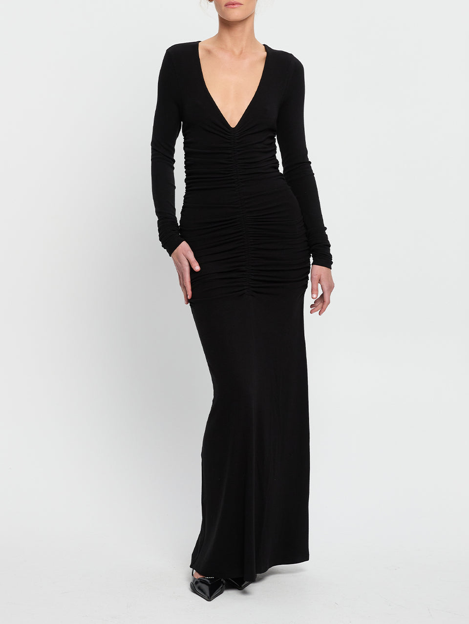 Amal Maxi Dress Black KIVARI | Model wears black maxi dress