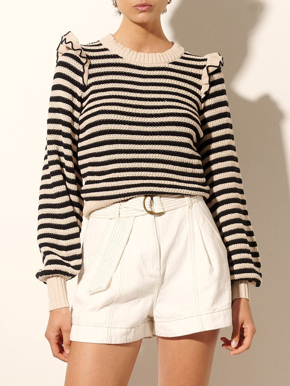 Anita Knit Top KIVARI | Model wears black and white striped knit jumper close up