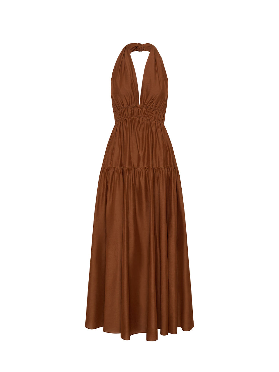 Brown halter neck dress on a white background