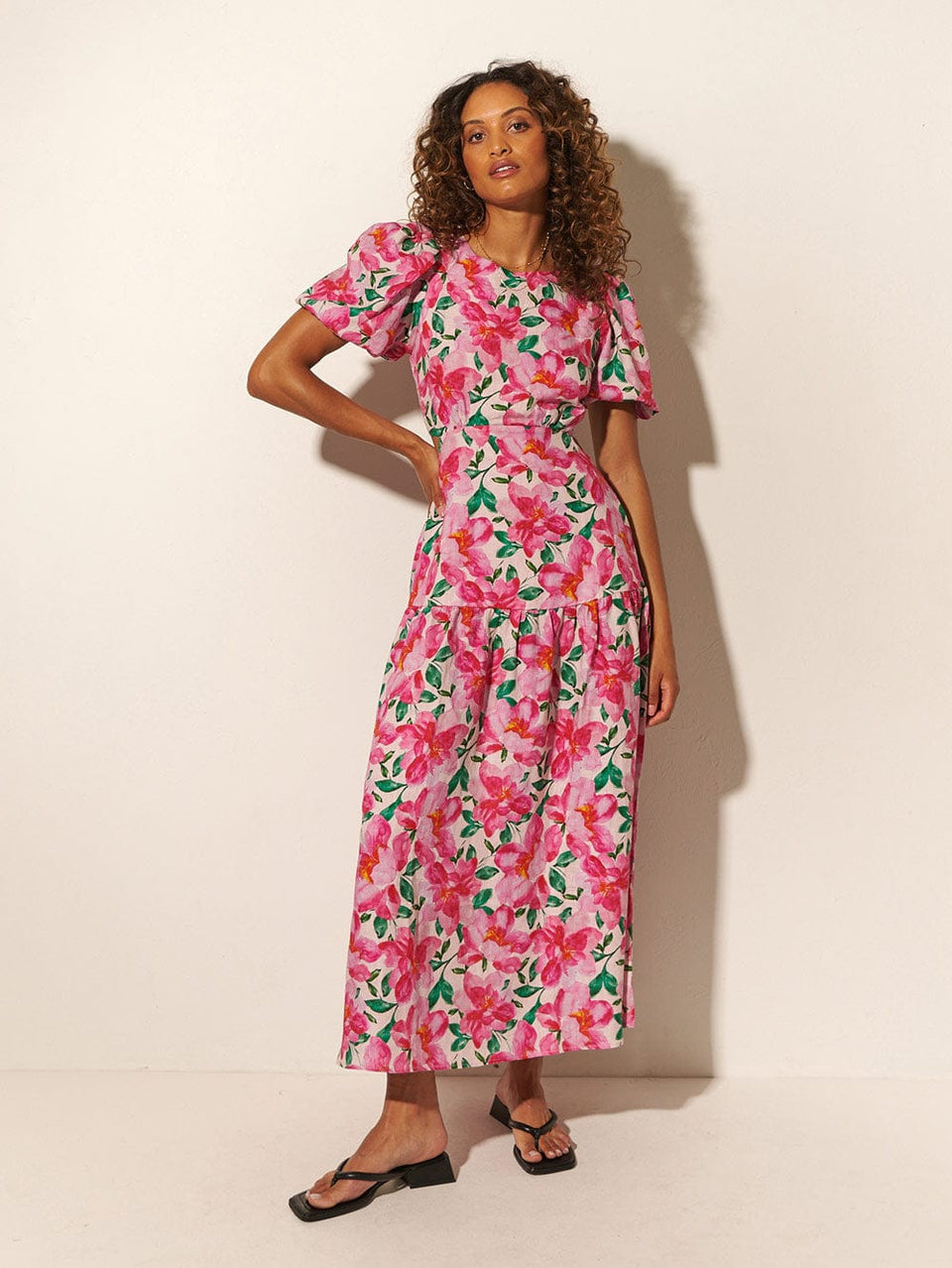 KIVARI Antonia Maxi Dress | Model wearing Pink and Green Floral Dress