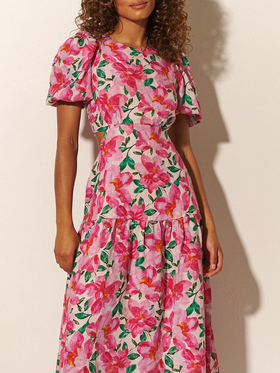 KIVARI Antonia Maxi Dress | Model wearing Pink and Green Floral Dress