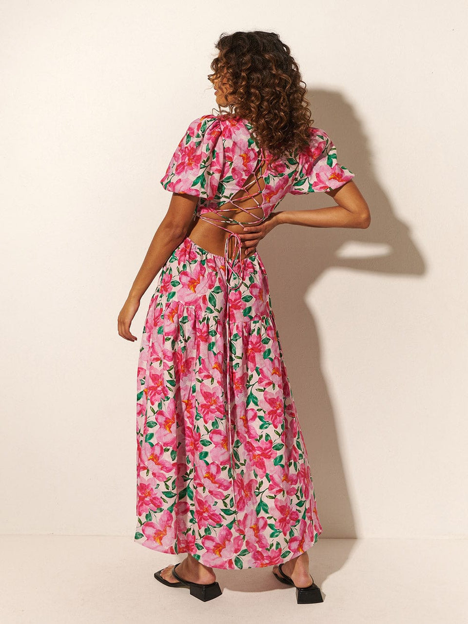 KIVARI Antonia Maxi Dress | Model wearing Pink and Green Floral Dress Back View