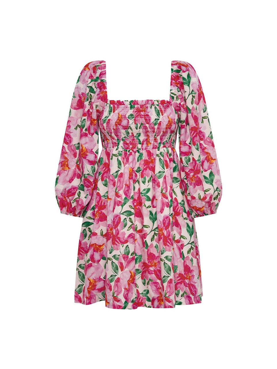 KIVARI Antonia Shirred Mini Dress | Pink and Green Floral Mini Dress