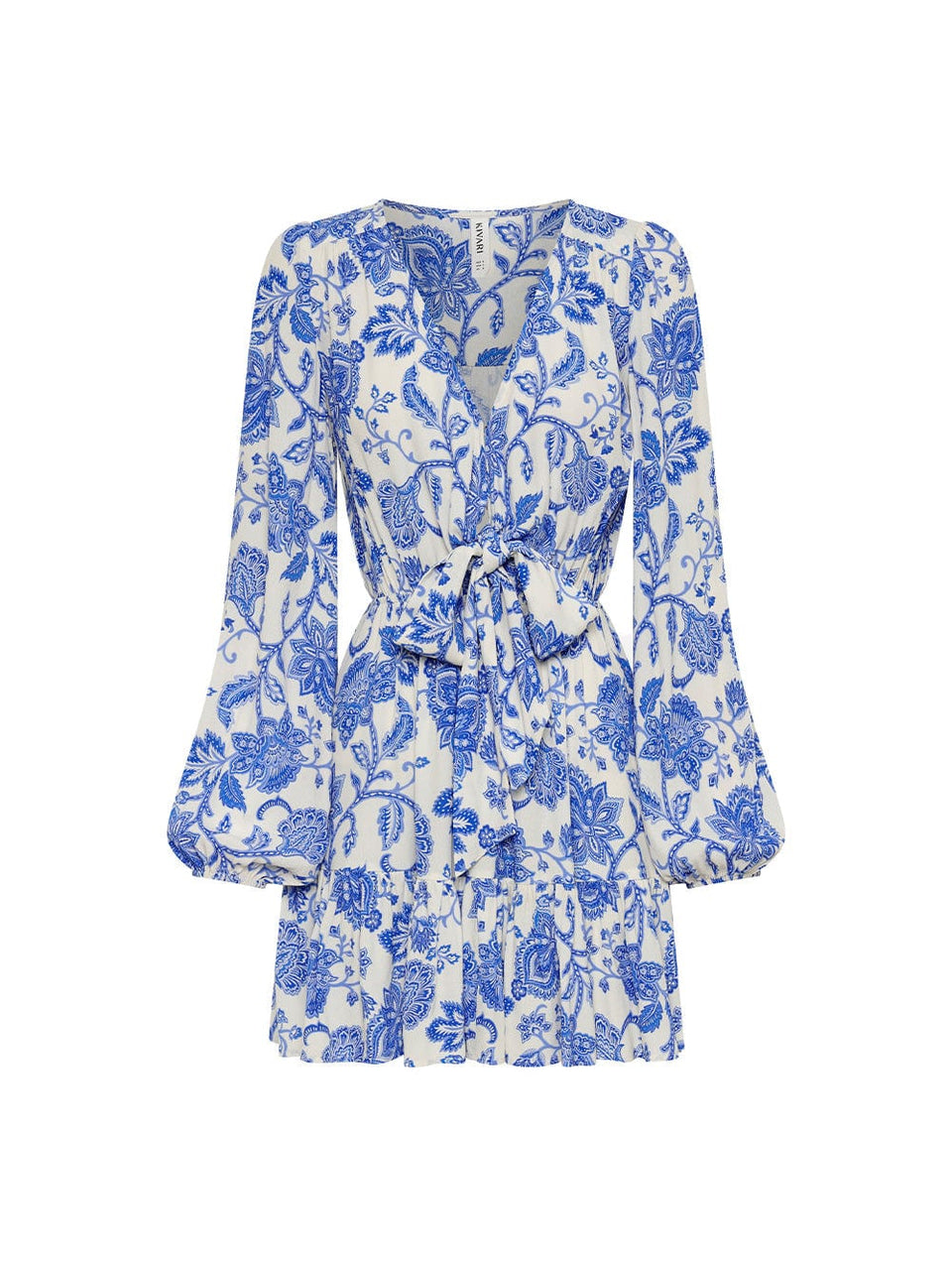 Athena Tie Front Mini Dress KIVARI | Blue and white paisley mini dress