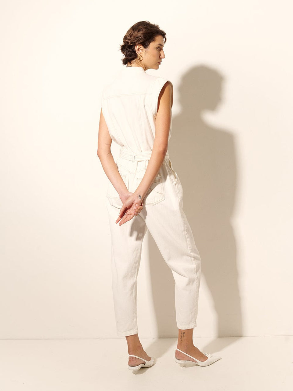 Azalia Denim Boilersuit KIVARI | Model wears cream denim boilersuit back view