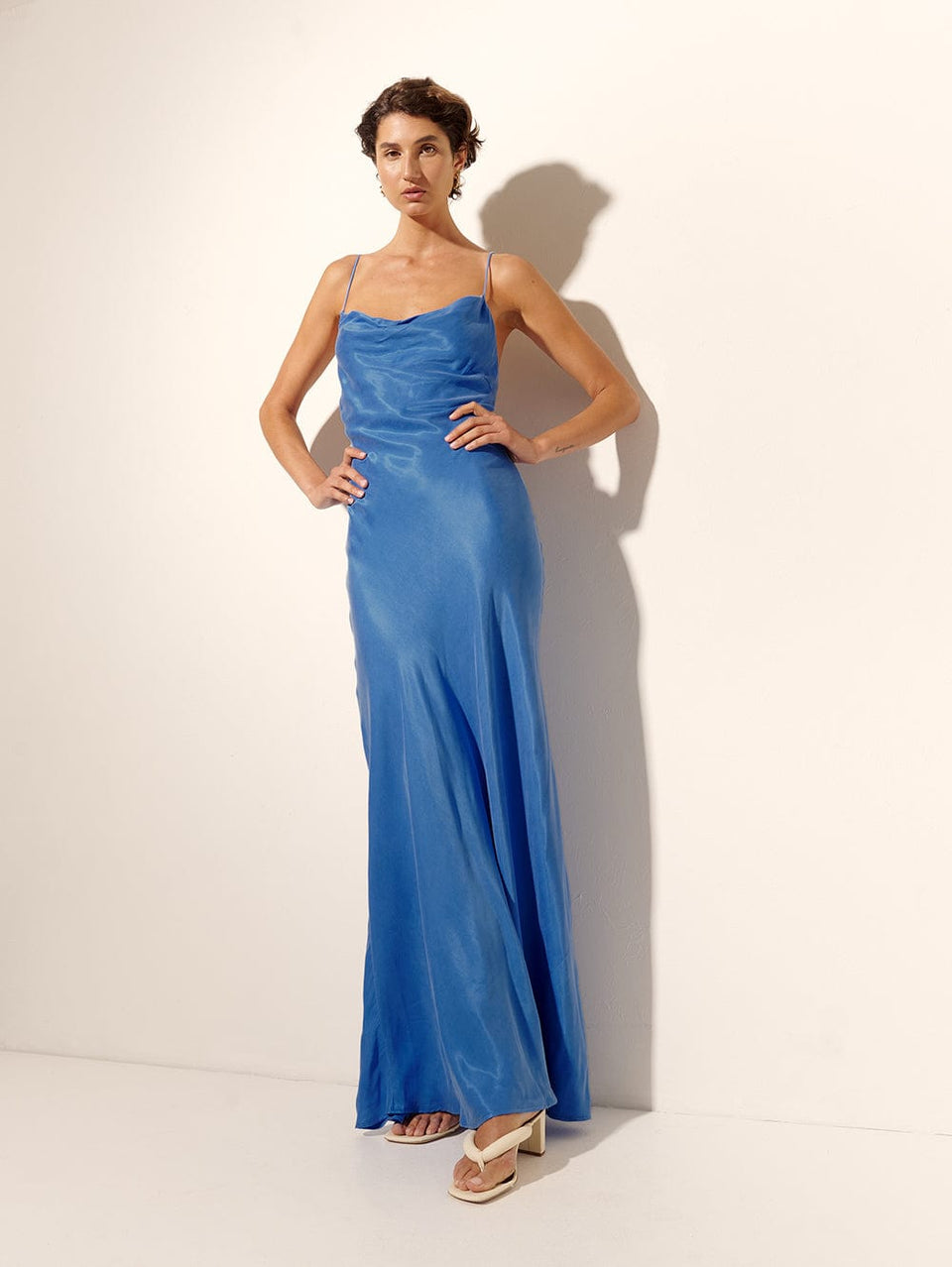 Raya Slip Dress KIVARI | Model wears blue slip maxi dress