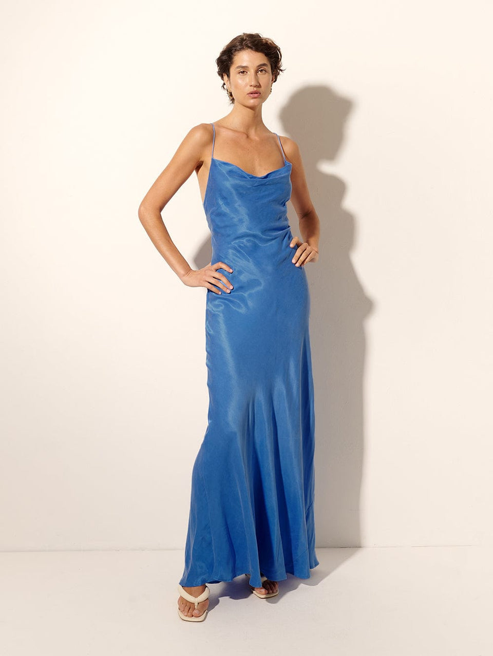 Raya Slip Dress KIVARI | Model wears blue slip maxi dress